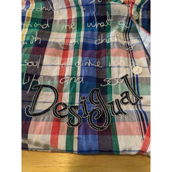 Desigual Art To Wear Button Up Shirt Mens XXL Blue Plaid Cotton Short Sleeve - Picture 7 of 11